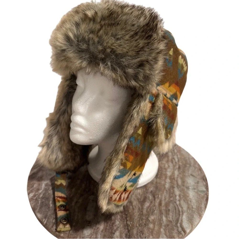 Pendleton 100% Wool Faux Fur Trapper Hat Solstice Canyon Southwestern MED unisex